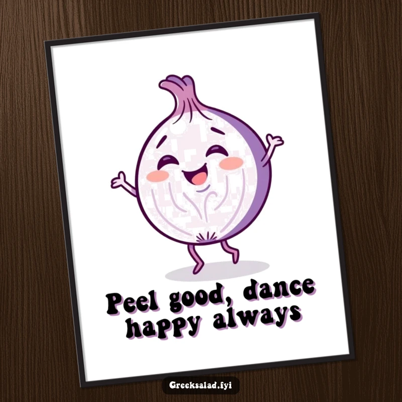Funny Free Printable Wall Art of a happy purple onion slice caught mid-dance with a joyful giggle.