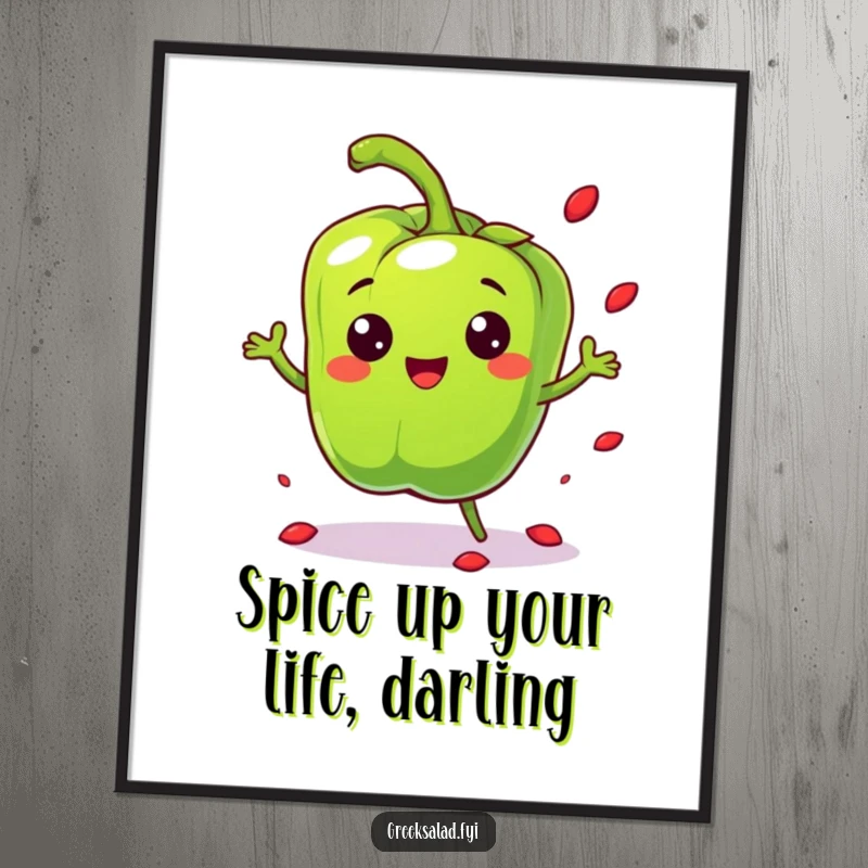 Funny Free Printable Wall Art: Cheerful bell pepper character in a playful bounce with seeds scattering, vibrant decor.