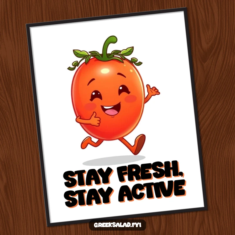 Funny Free Printable Wall Art of a cheerful tomato wearing a tiny laurel wreath, jogging happily with a vibrant, healthy vibe.