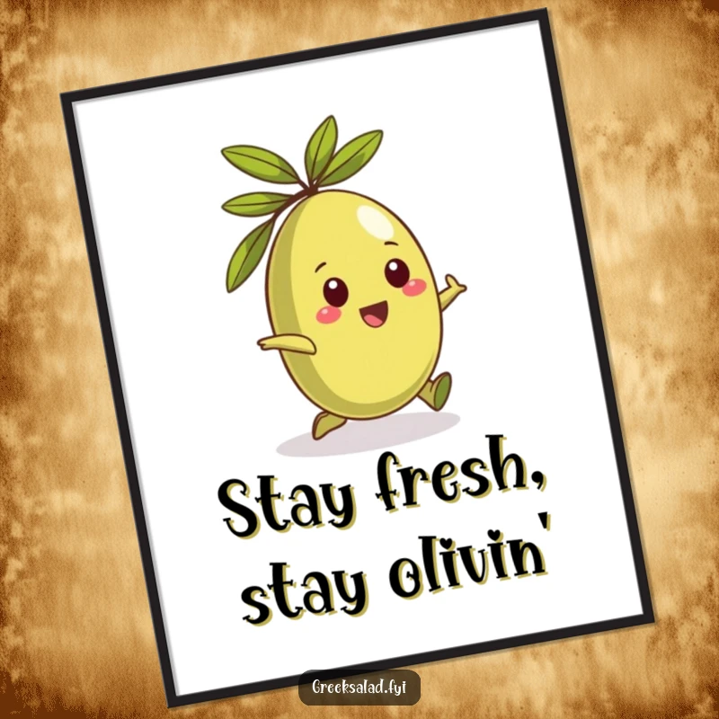Free Printable Wall Art: A playful Greek olive character happily rolling around, adding a whimsical and charming touch.