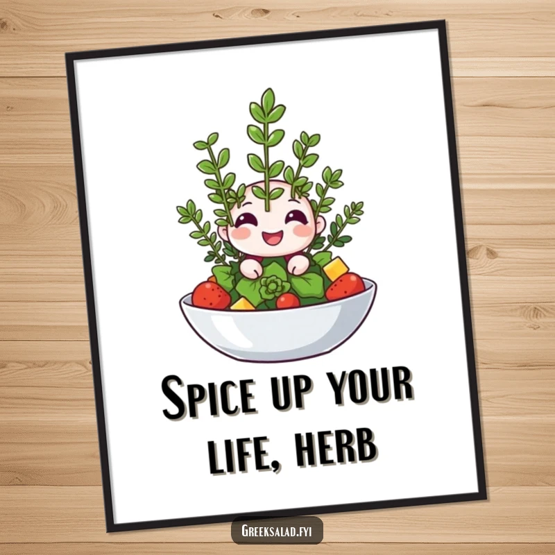 Free Printable Wall Art: A happy oregano sprig winks mischievously from atop a salad, adding a humorous culinary touch.