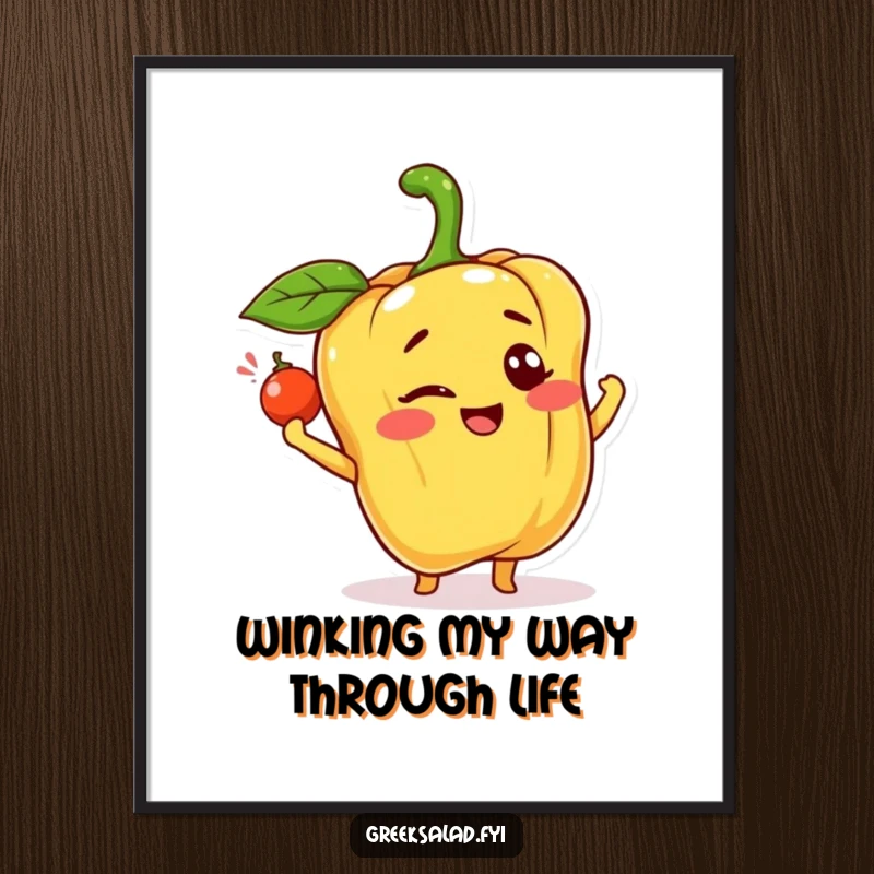 Funny Free Printable Wall Art: Bell pepper character winking and tossing a caper, a whimsical and humorous digital art piece.