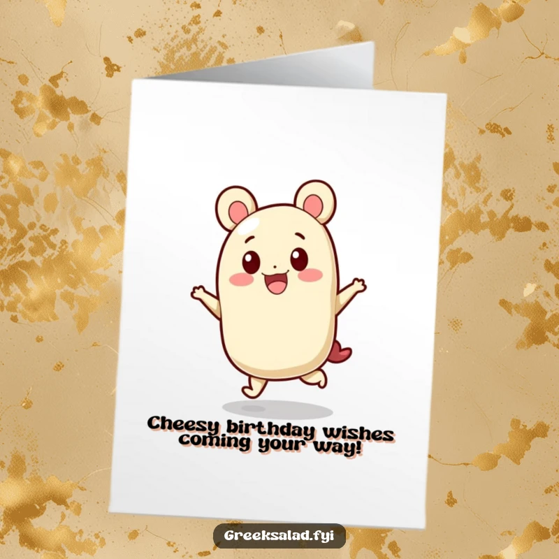 Funny Free Printable Birthday Card: Feta cheese block doing a joyful hop, a delightful and humorous design.