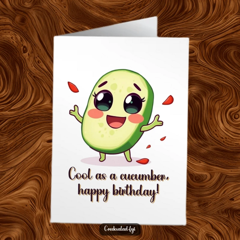 Funny Free Printable cucumber birthday card, a delighted slice with wide eyes attempting to juggle red pepper flakes, a quirky celebration.