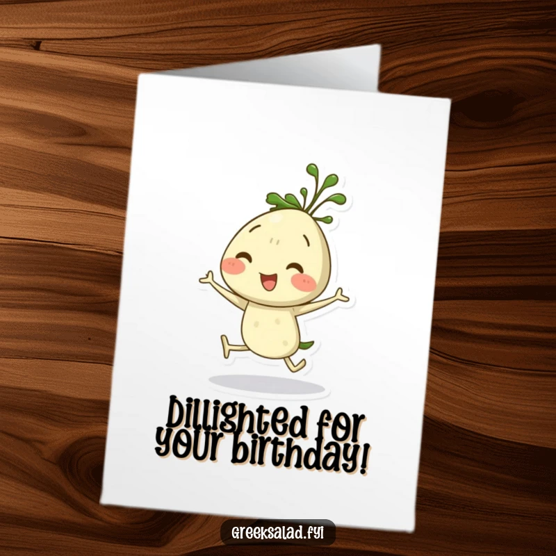 Funny Free Printable Birthday Card showcasing a jubilant dill sprig character performing a happy hop, spreading festive green energy.