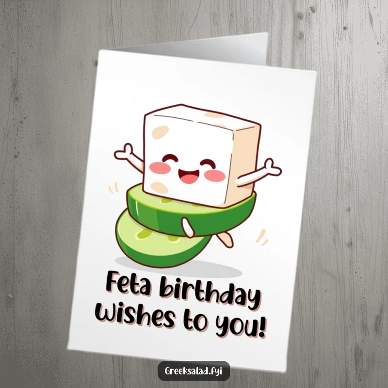 Funny Free Printable Birthday Card: A smiling feta block character joyfully leaping from a fresh cucumber slice with a cheerful expression.