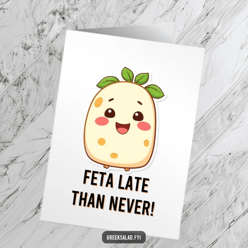 Funny Free Printable Birthday Card: A block of feta cheese with a big, wide smile, radiating pure birthday joy.