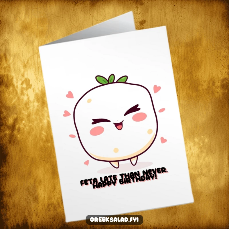 Funny Free Printable Birthday Card: A jolly feta cheese character winking mischievously, perfect for a cheeky birthday wish.