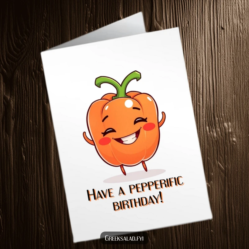 Funny Free Printable bell pepper birthday card, a grinning pepper with a whimsical grin doing a spin, adding festive cheer.