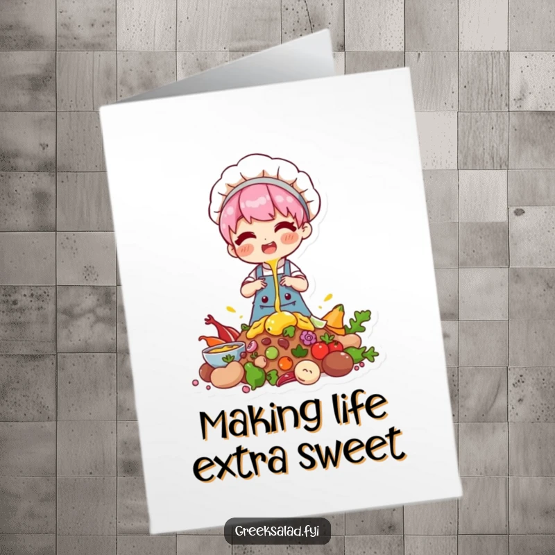 Funny Free Printable birthday card features a character happily drizzling a sweet topping over a pile of ingredients, celebrating culinary creativity.