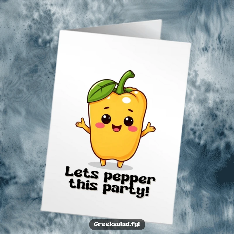Funny Free Printable Birthday Card: A cheerful bell pepper character kindly extending a mini olive.