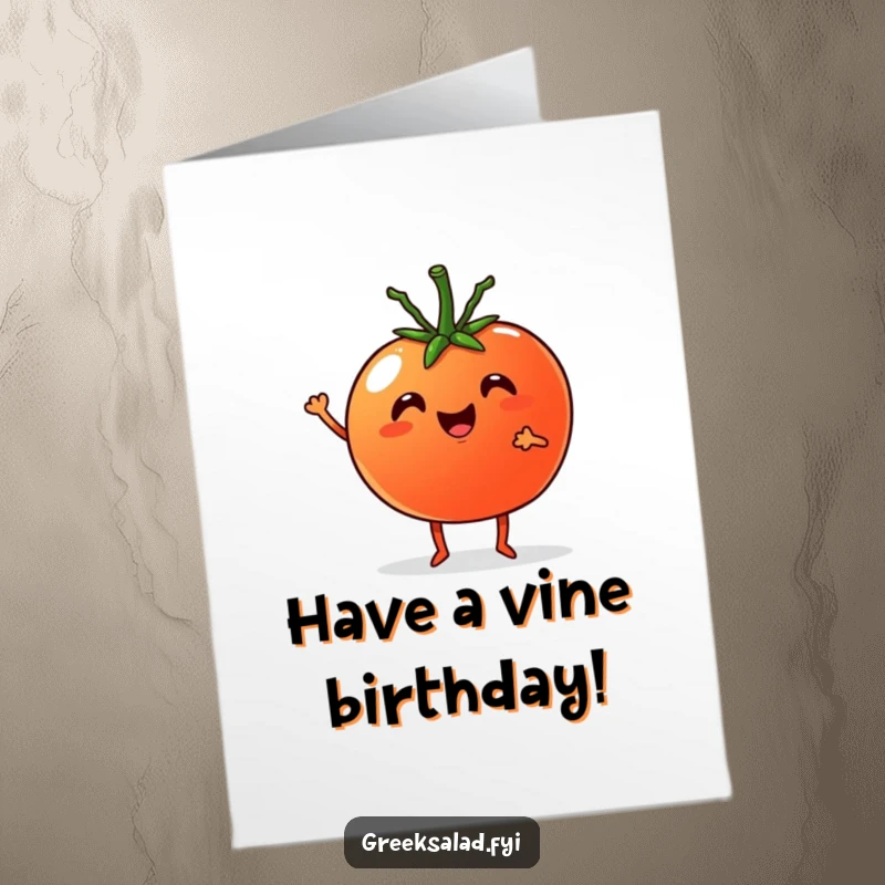 Funny Free Printable Birthday Card: A cheerful tomato with tiny legs and a cucumber happily cheer together, wishing a fun birthday.