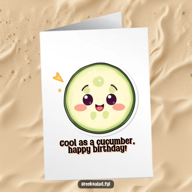 Funny Free Printable Birthday Card: A delighted cucumber slice winks playfully, ready to deliver a hilarious birthday wish.