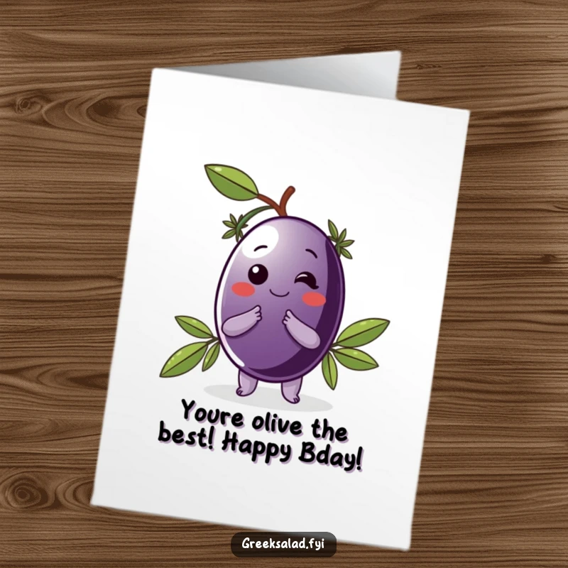 Funny Free Printable Birthday Card: a delighted Kalamata olive in a laurel wreath taking a bow, exuding charm.
