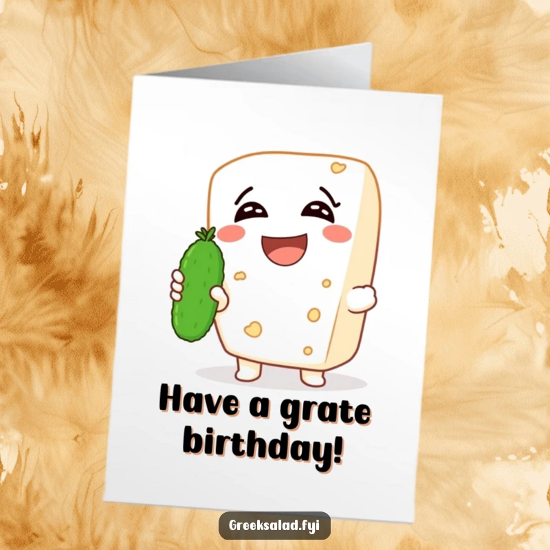 Funny Free Printable Birthday Card featuring a laughing feta cheese character holding a tiny cucumber, perfect for a humorous celebration.