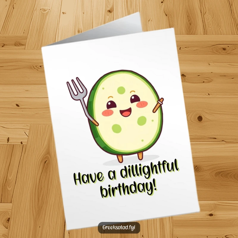 Funny Free Printable Birthday Card: A joyful cucumber slice grins widely and waves a tiny fork, ready to celebrate.