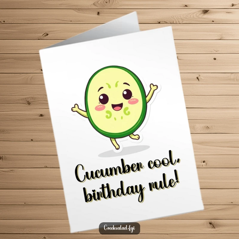 Funny Free Printable Birthday Card: A cheerful cucumber slice with a face doing a happy jump, perfect for a DIY gift.