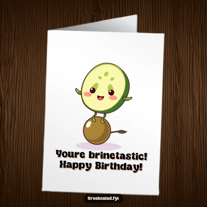 Funny Free Printable Birthday Card featuring a grinning cucumber balancing on an olive, spreading joy and laughter.