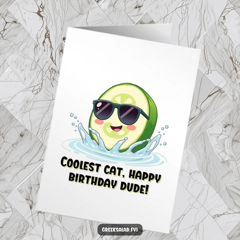 Funny Free Printable Birthday Card: Smiling cucumber slice in sunglasses splashing, radiating cool birthday fun.