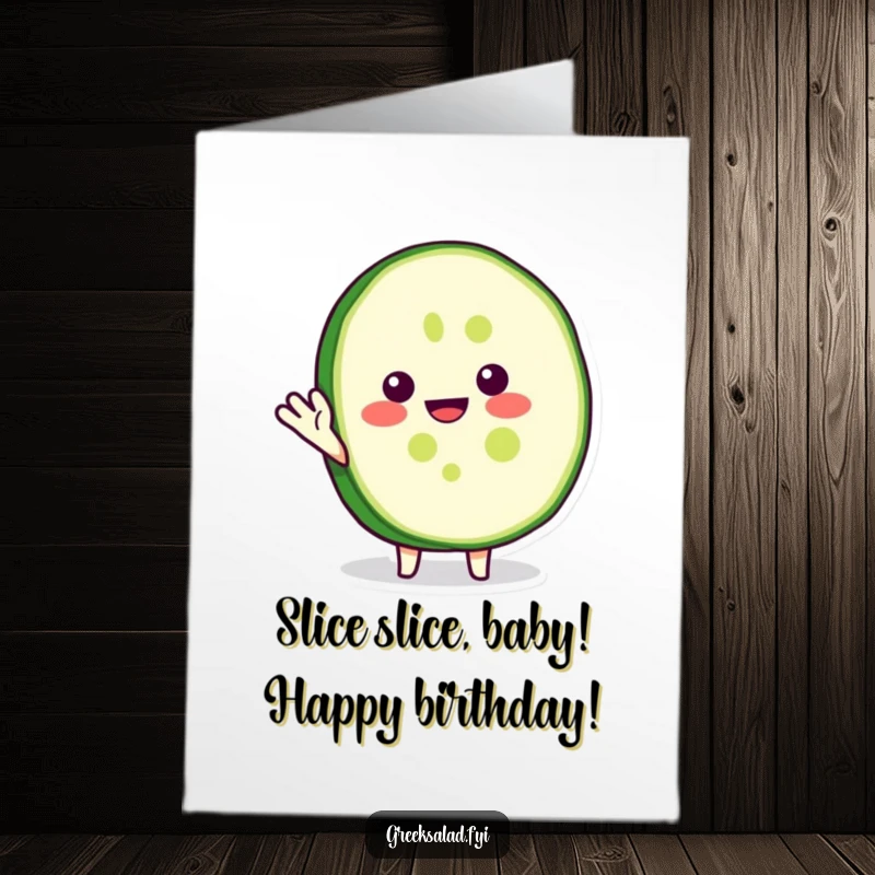 Funny Free Printable Birthday Card: A grinning cucumber slice waving hello, perfect for a DIY greeting.