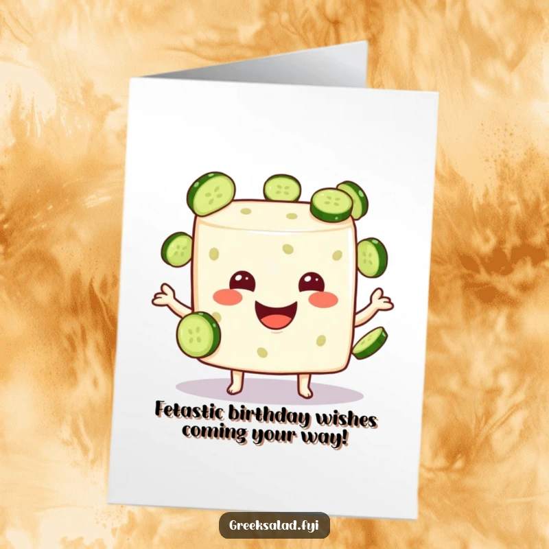 Funny free printable birthday card: Feta cheese cube joyfully juggling small cucumber slices, ready to celebrate your special day.