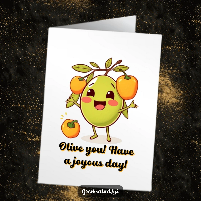 Funny Free Printable Birthday Card featuring a delighted olive with a smile juggling colorful bell peppers with glee.
