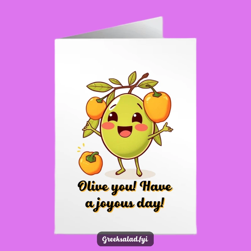Free Printable Birthday Card: Funny Olive Juggling Peppers, Hilarious Downloadable Gift