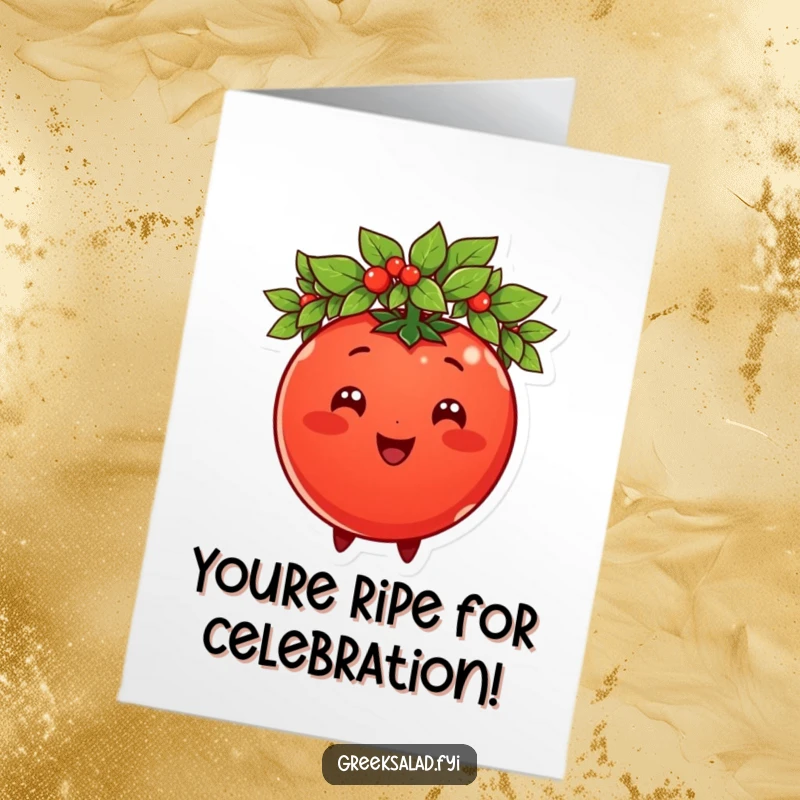 Funny Free Printable Birthday Card: Happy tomato hero wearing a laurel wreath, celebrating victory with a smile.