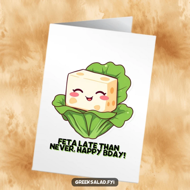 Funny Free Printable Birthday Card featuring a happy feta cheese block winking playfully from a fresh green lettuce leaf.