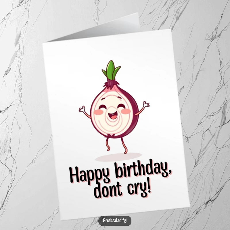 Funny Free Printable Birthday Card: Happy onion slice doing a jig with a gleeful look and dancing feet.