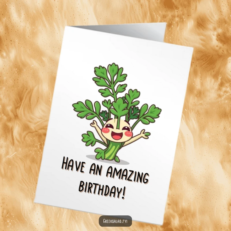 Funny Free Printable Birthday Card: A happy parsley sprig with a smiling face performs a lively somersault.