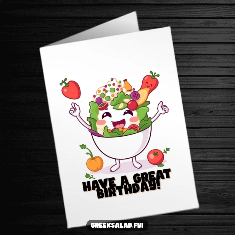 Funny Free Printable Birthday Card: A smiling Greek salad bowl character expertly balancing feta and olives.
