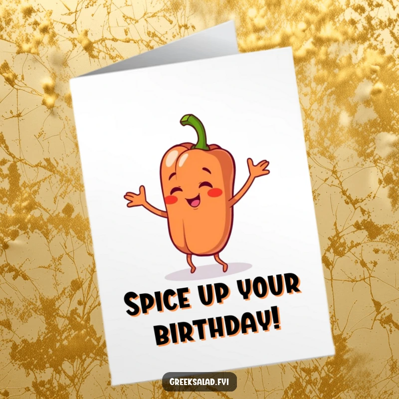 Funny Free Printable Birthday Card: A vibrant bell pepper character enthusiastically doing a silly, energetic dance with a happy expression.