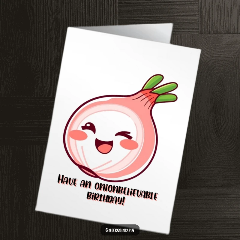 Funny Free Printable Happy Birthday card with a smiling red onion ring playfully winking, radiating cheeky charm and humor.