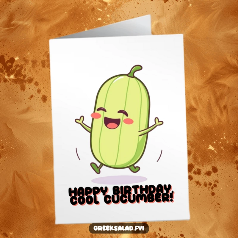 Funny Free Printable Birthday Card: A jubilant cucumber character joyfully rolling, wishing a happy birthday with a smile.