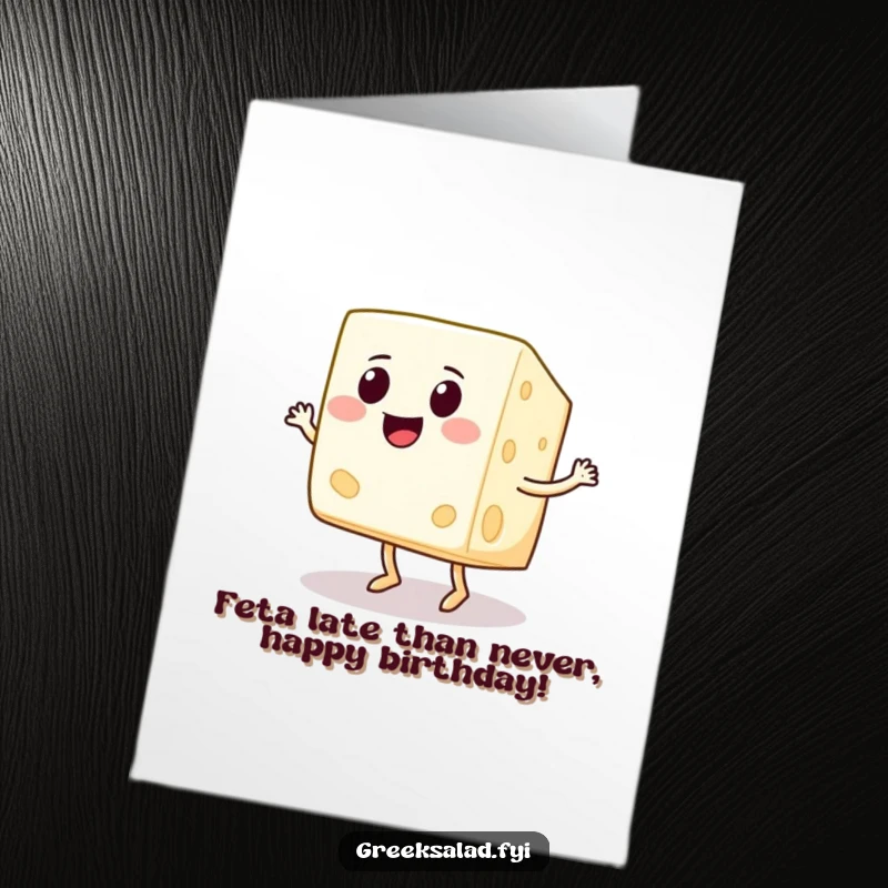 Funny Free Printable Feta cheese birthday card, a gleeful cube with a wide smile doing a happy jig, perfect for joyous celebrations.