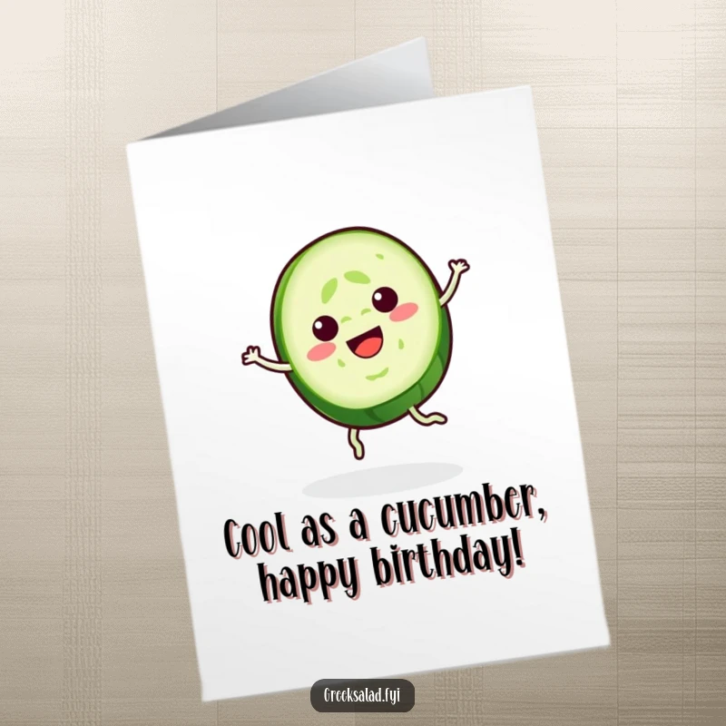 Funny Free Printable Cucumber Birthday Card: Cheerful cucumber slice spinning gracefully, a cool downloadable greeting.