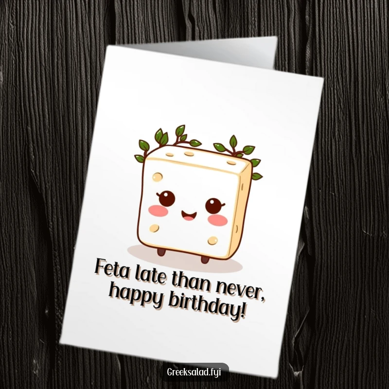Funny Free Printable Feta Cheese Birthday Card: Happy cube with laurel wreath celebrates joyfully, a cheesy downloadable gift.