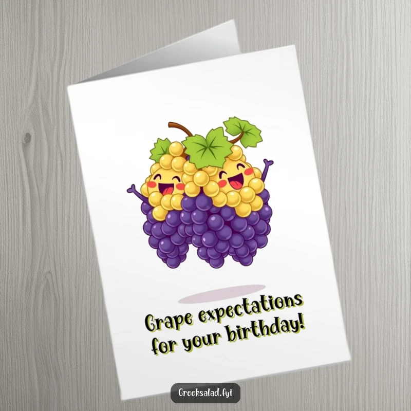 Funny Free Printable Birthday Card: Delighted bunch of grapes performing a synchronized jump for a hilarious celebration.