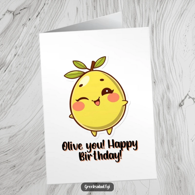Funny Free Printable Olive Birthday Card: Giggling olive winking and rolling with glee, a humorous downloadable greeting card.