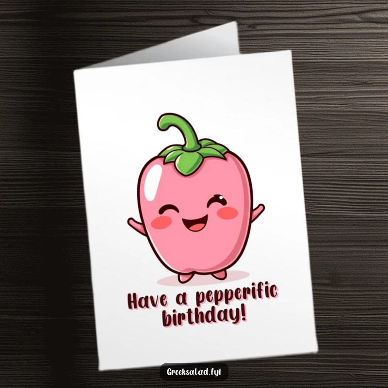 Funny Free Printable Birthday Card featuring a cheerful bell pepper character with a wide, bright smile, spreading veggie joy.