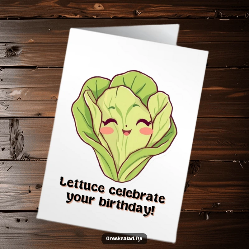 Funny Free Printable Birthday Card featuring a mischievous lettuce leaf character playfully peeking with a cheeky grin, ready to deliver laughs.