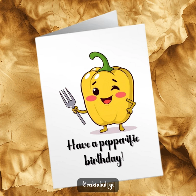 Funny Free Printable Birthday Card: Jolly bell pepper with a confident pose holding a mini fork for a birthday.