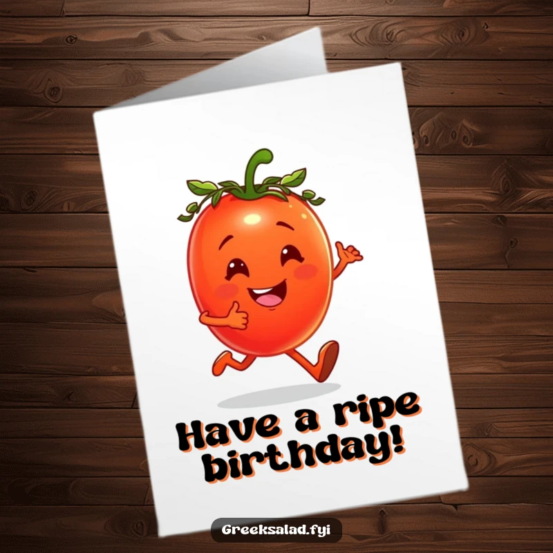 Funny Free Printable Birthday Card featuring a cheerful tomato wearing a laurel wreath, jogging happily with a smile.