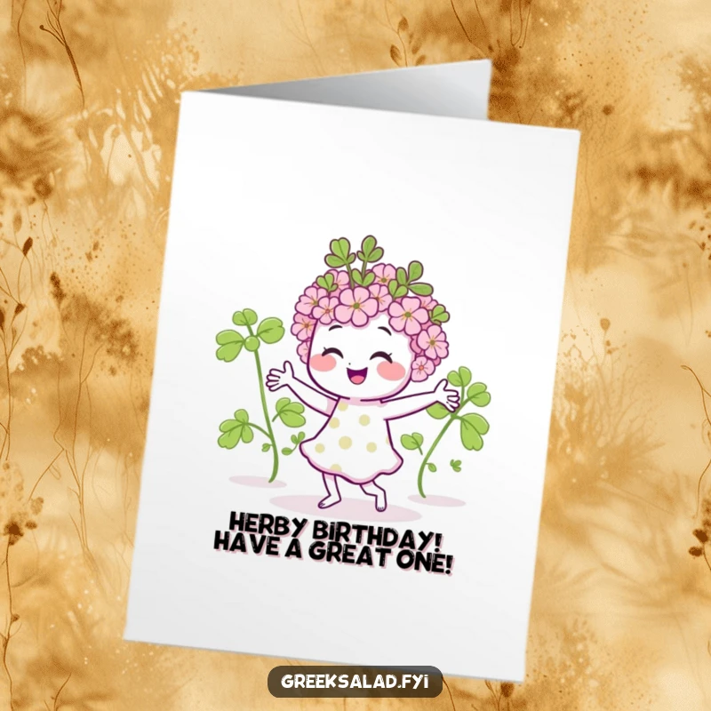 Funny Free Printable birthday card: A smiling oregano sprig doing a joyful dance, ready to deliver birthday cheer. Perfect for herb enthusiasts.