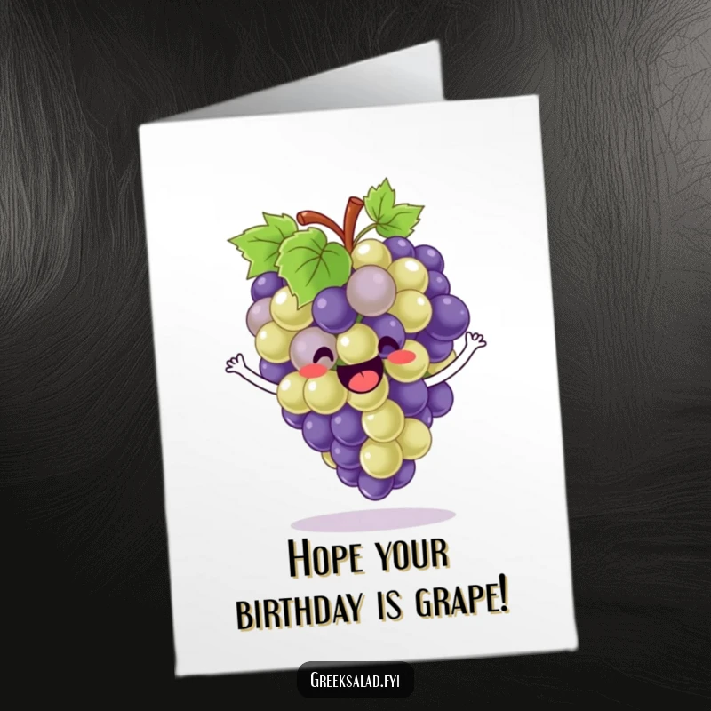 Funny Free Printable Birthday Card: A delighted bunch of grapes bounces enthusiastically with pure birthday joy.