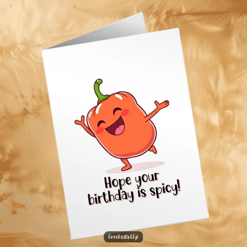 Funny Free Printable Birthday Card: Jubilant bell pepper doing a cartwheel with a wide grin, full of energy.