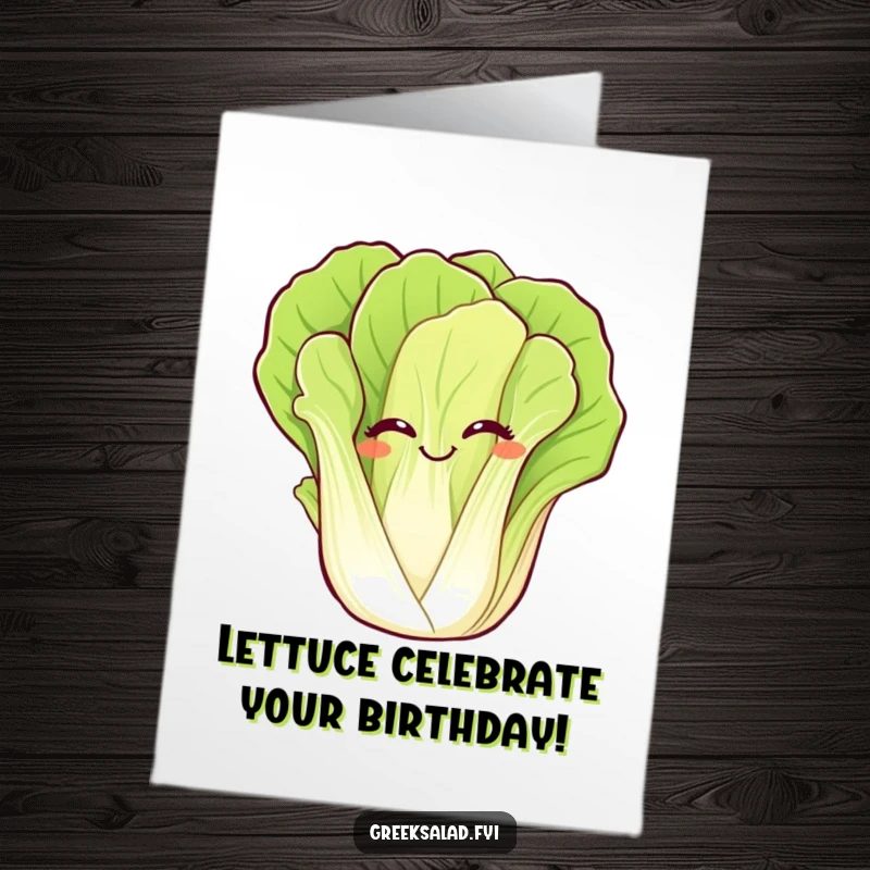 Funny Free Printable birthday card: A romaine lettuce leaf with a wide giggle, waving hello. Perfect for salad lovers and garden enthusiasts.