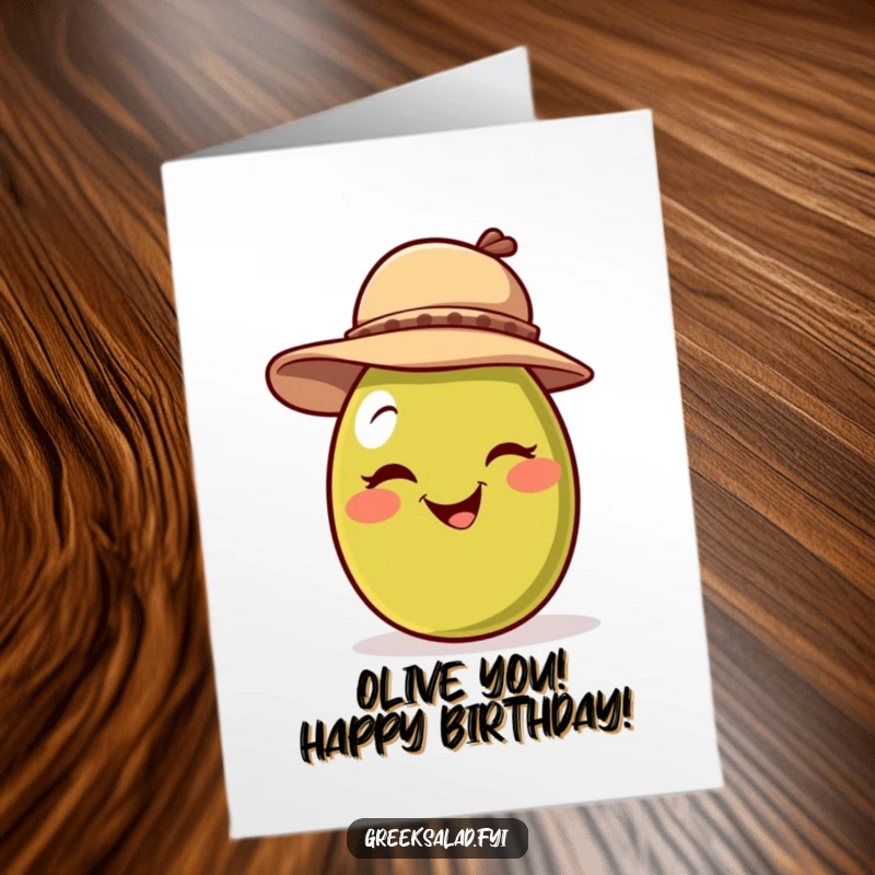 Funny free printable birthday card featuring a smiling olive giving a playful wink while wearing a jaunty hat.