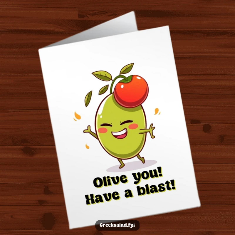 Funny Free Printable Birthday Card: Olive character with mischievous grin dodging a flying tomato, downloadable gift.